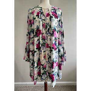 Umgee Trumpet Sleeve Dress Womens L Pink Blue Floral Print Flowy Cottage